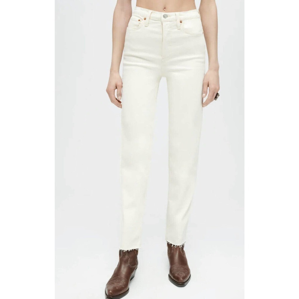 RE/DONE High Rise Stove Pipe Jeans Size 31 Vintage White Comfort Stretch Raw Hem